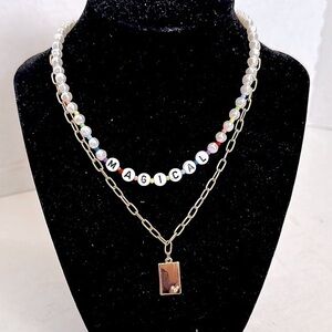 DISNEY stack chain Gold plated and White Beaded with magical Necklace Set